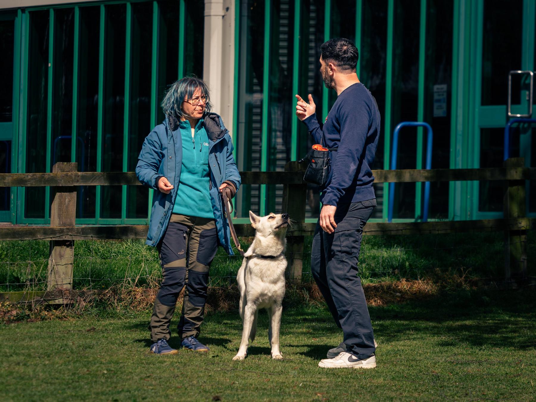 Ryan coaching an owner and her white shepherd dog at an outdoor session